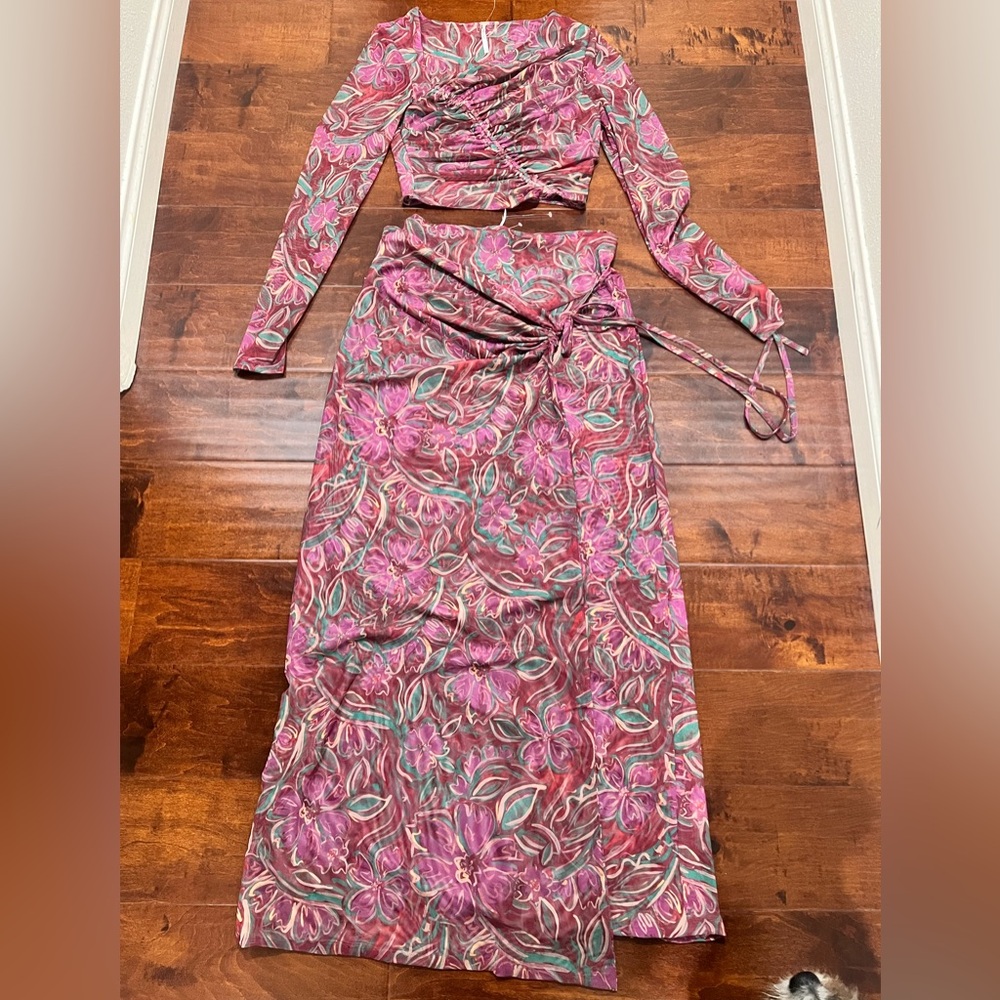 Free People Pink & Teal Paisley Long Skirt Set - Picture 4 of 10